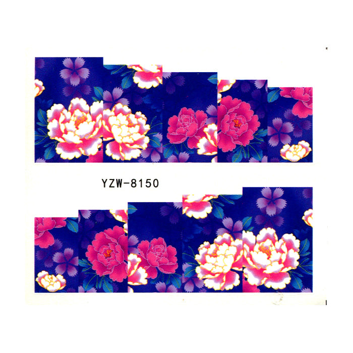 Peonies Nail Water Decals Wraps. Beautiful pink flowers on a blue background.