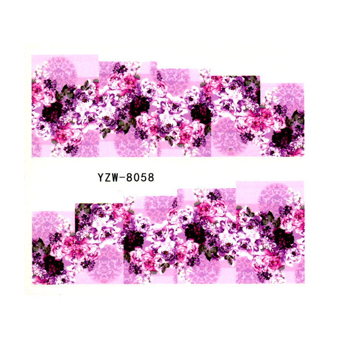Purple Flowers Nail Water Decals with some pink background.