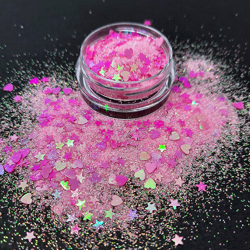 Pink Nail Glitter with Hearts + Stars 'Starstruck Love'. A gorgeous ultra-sparkly nail glitter. Sparkly pink powder with pink hearts and stars.