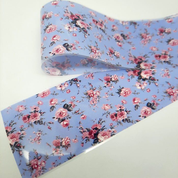Pink Roses on Blue Nail Foil, beautiful vintage design.
Supplied in 4cm x 100cm lengths.