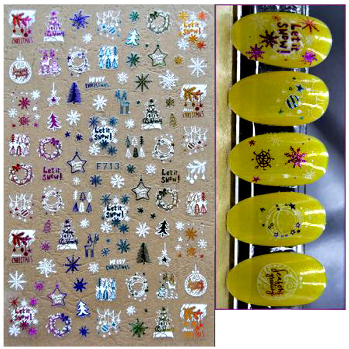 A set of colorful Christmas-themed nail stickers with designs including snowflakes, stars, and Christmas trees.