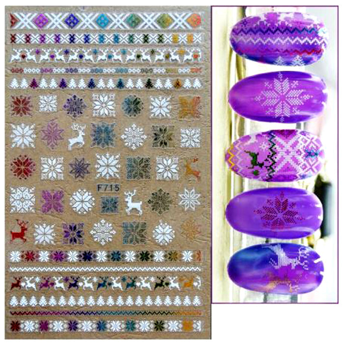 A collection of nail stickers with various Christmas-themed designs, displayed on a sheet and on a set of fingernails.