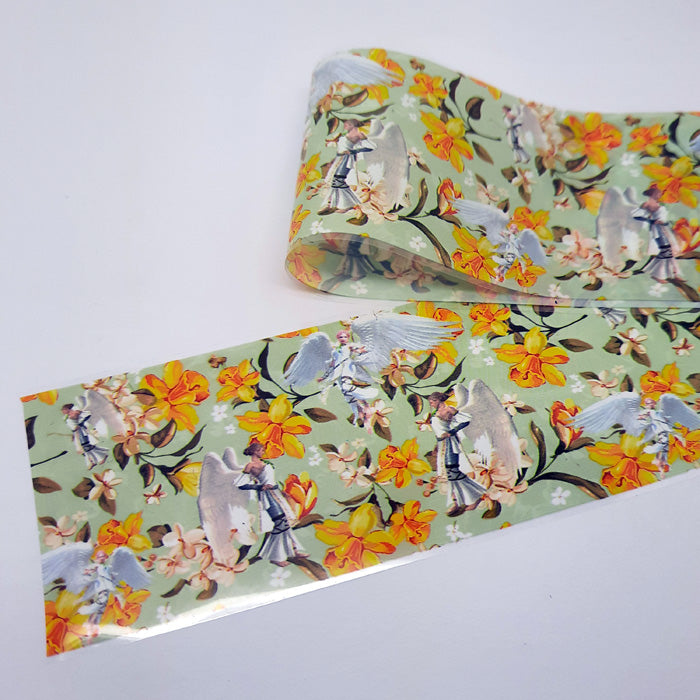 Renaissance Nail Foil, Angels + Daffodils. Beautiful designs on this foil. Soft green backing.
Supplied in 4cm x 100cm lengths.
You can also buy our entire Renaissance foil collection in a case, and also in shorter lengths of 20cm.