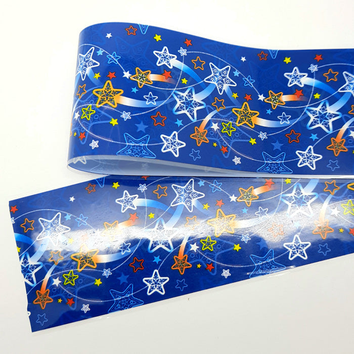 Shooting Stars Nail Foil, gorgeous shooting stars on a blue backing.
Supplied in 4cm x 100cm lengths.