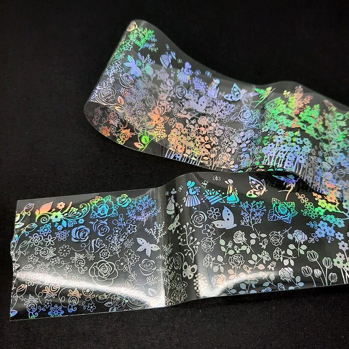 Holo Nail Transfer Foil, Leaves + Flowers. Beautiful silver holo leaves and flowers on a clear backing.