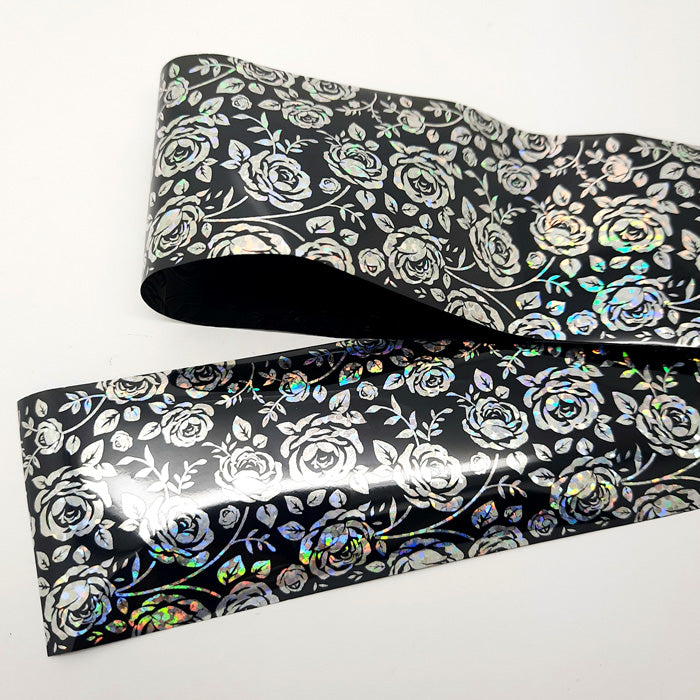 Silver Holo Roses on Black Nail Foil, a beautiful foil.