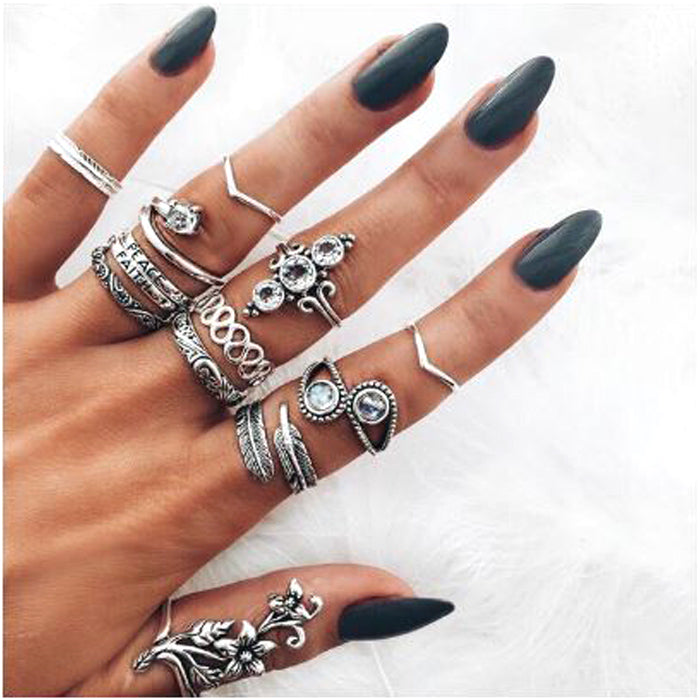 Silver Boho Ring Set, 13pcs Costume jewellery ring set, please note not real silver! The rings may differ slightly from those in the photos, but the general look and vibe is the same.
Props for your nail pics.
They are gorgeous. A mix of sizes.