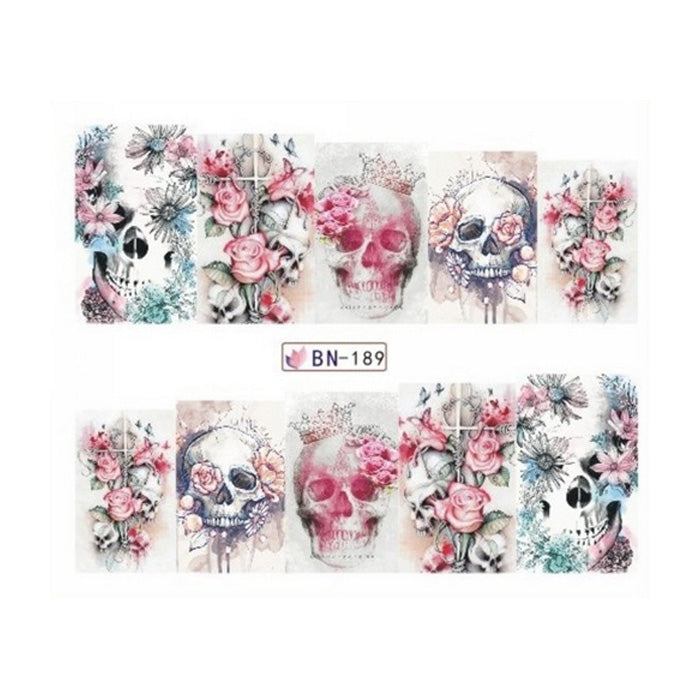 Skulls + Pretty Flowers Nail Decals. Very beautiful skulls and flowers in subtle colours.