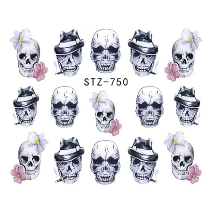 Skulls with Hats + Flowers Nail Decals. These designs are so cool.