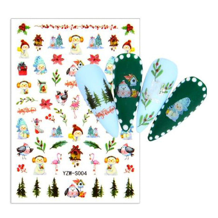 A set of nail stickers with Christmas-themed designs including reindeer, snowflakes, and evergreen trees.