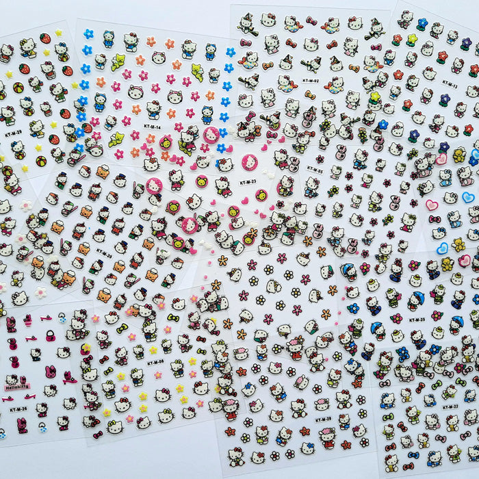 4 x Sheets Embossed Sparkly Kitty Nail Stickers. Adorable sparkly Hello Kitty self adhesive nail stickers. Supplied in a pack of 4 randomly chosen designs.