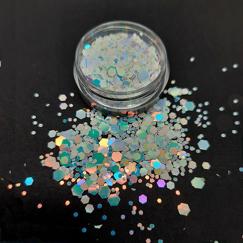 Hexagon Nail Glitter Mix 'Dreamy Unicorn'. A beautiful nail glitter, of dreamy iridescent unicorn coloured hexagons of mixed sizes.