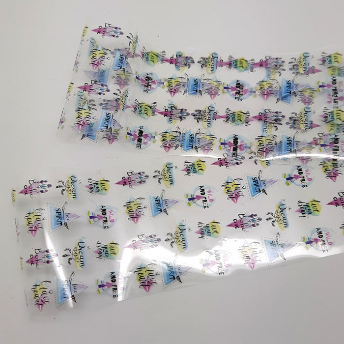 Wild + Free Slogans Nail Foil. Such fun desirgns, on a clear backing.
Supplied in 4cm x 100cm lengths.