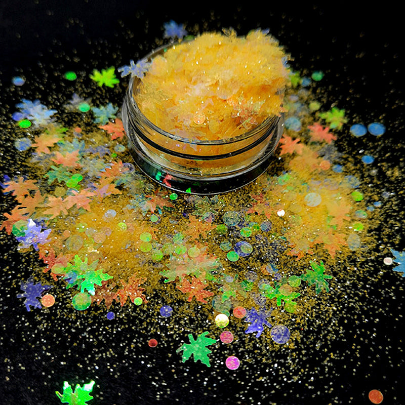 Sparkly Yellow Nail Glitter 'Autumn Sparkles' A beautiful sparkly nail glitter. Yellow sparkly powder with clear iridescent leaves and dots.