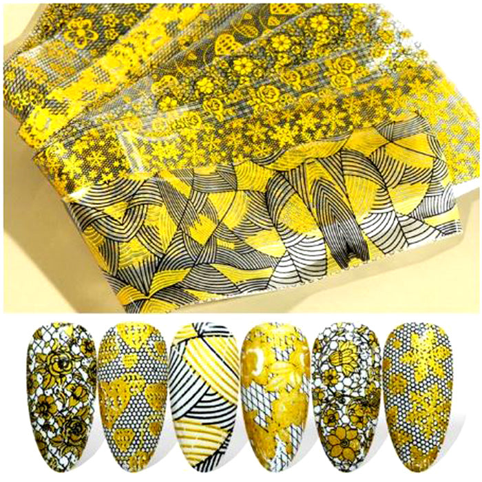 A really beautiful set of black and gold nail foils with mixed designs.