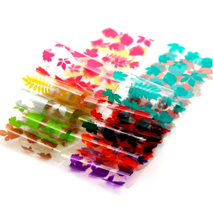 Beautiful set of nail foils with colourful leaves.