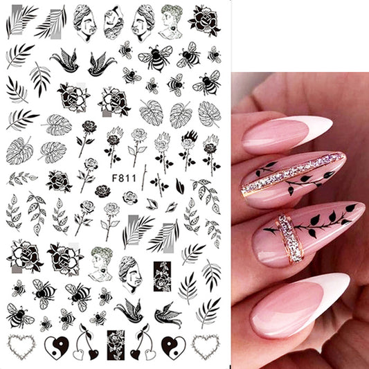 Black + White Flowers, Leaves, Faces + Bees Nail Stickers