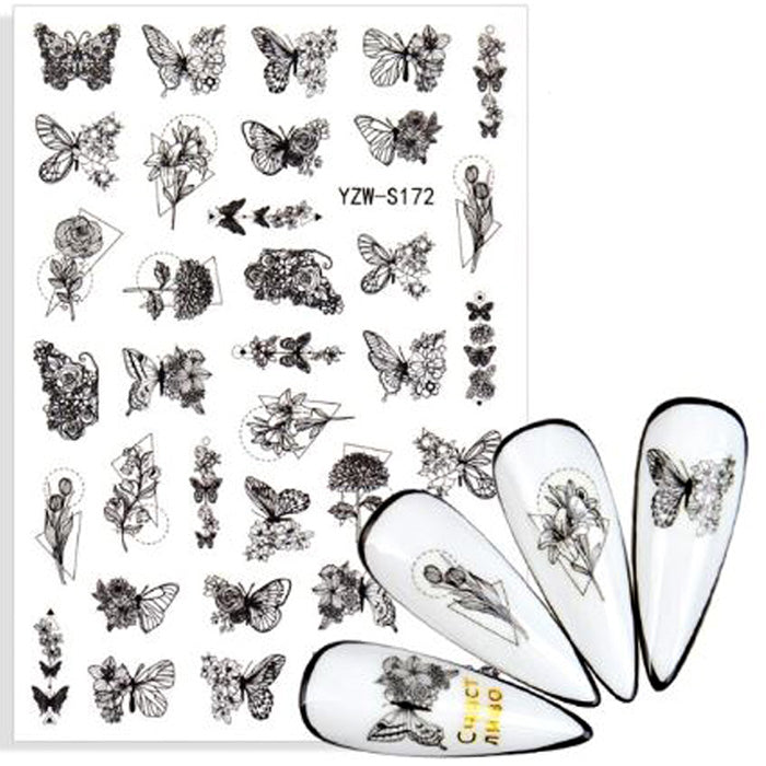 Autocollants pour ongles papillons noirs + fleurs