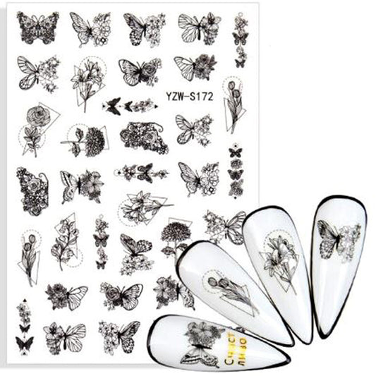 Black Butterfly + Flowers Nail Stickers