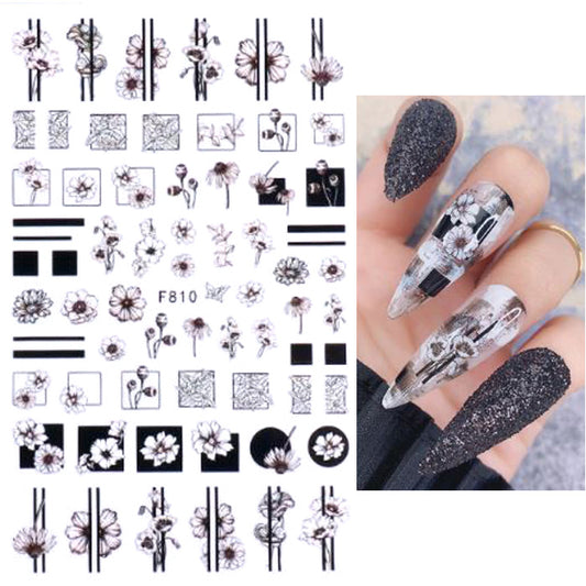 Black Flowers + Squares Nail Stickers