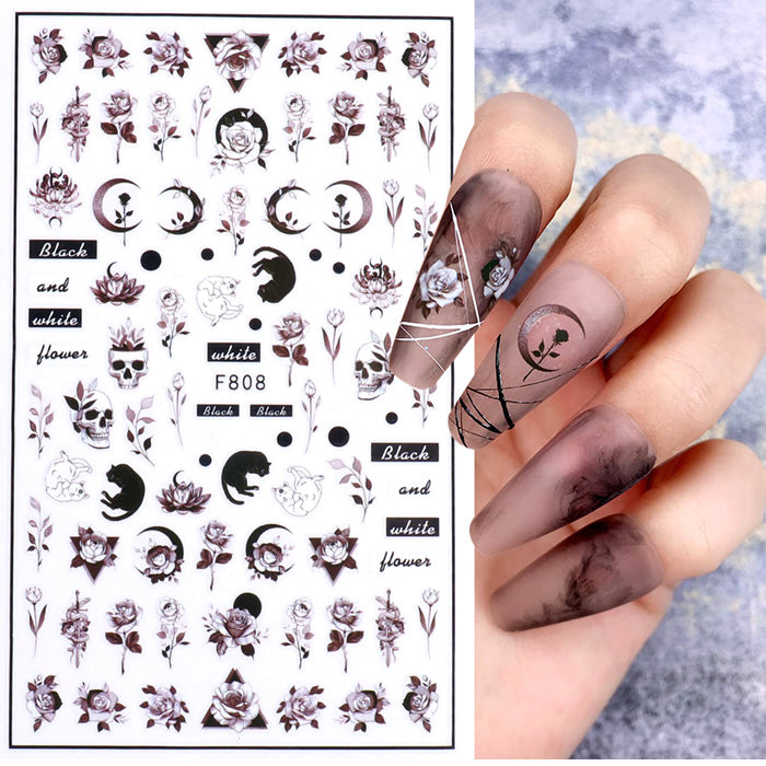 Autocollants pour ongles avec fleurs noires, lunes et chats