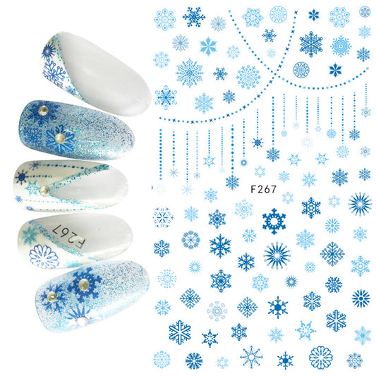 Beautiful Christmas nail stickers with blue snowflakes.