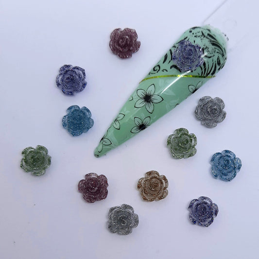 Glitter Rose Mix Nail Charms x 10. A set of sparkly roses in a mix of colours, beautiful.