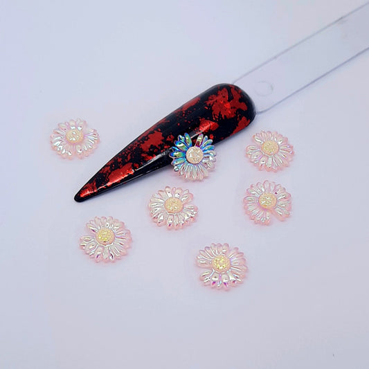 Cute Aurora Flowers Nail Charms x 5, Pink. Large, cute and shimmering. Also available in yellow.