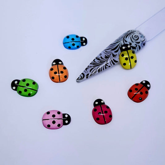 Cute Ladybird Nail Decoration x 6, Mixed Colours. Big and beautiful, flat backed.