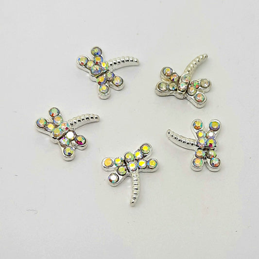 Breloques pour ongles en forme de libellule argentées et strass x 4