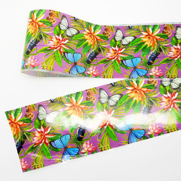 Nail art foil with a colourful floral and butterfly pattern on a white background