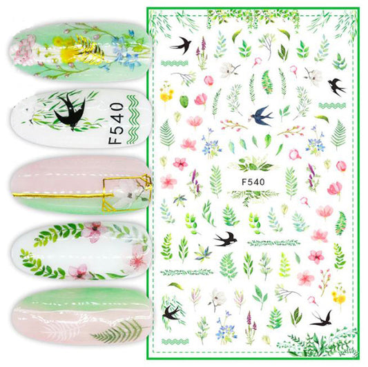 Beautiful nail stickers with designs of swallows and flowers.