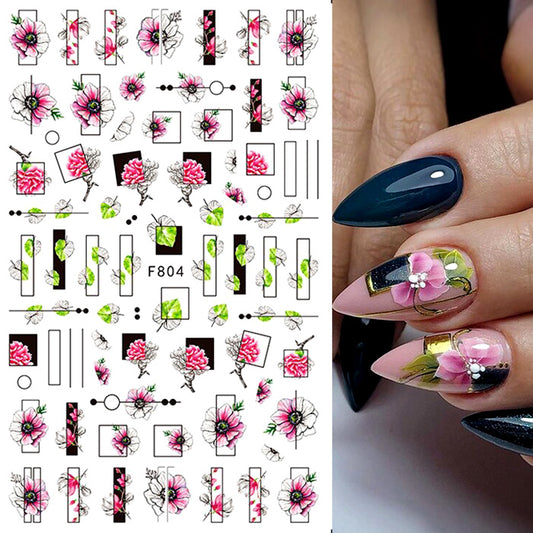 Pink Flowers + Geometry Nail Stickers