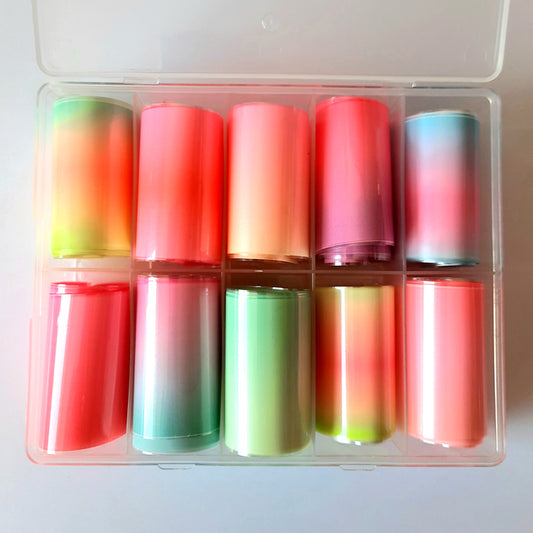 10 x beautiful pastel ombre nail foils in a handy storage case.