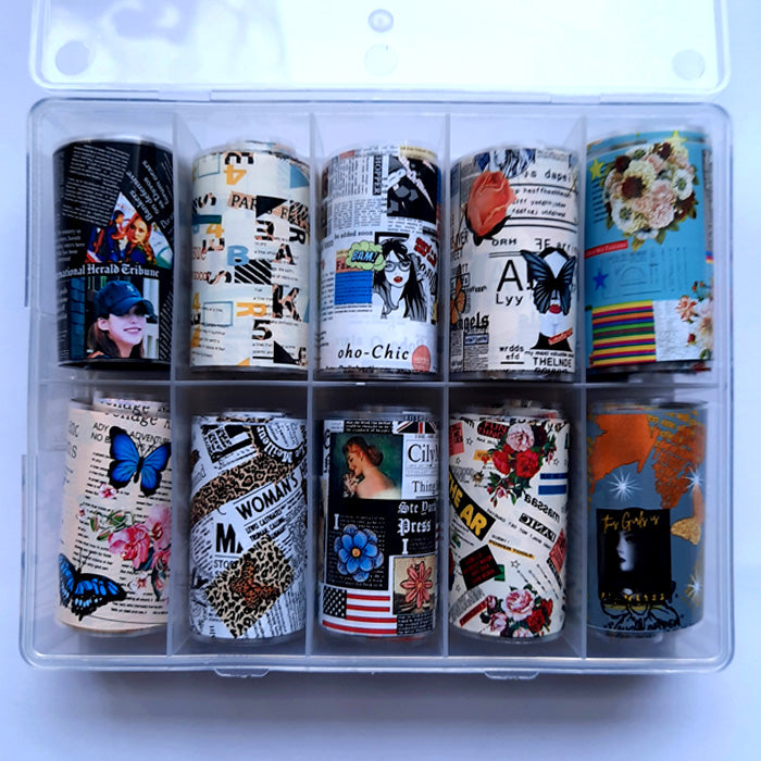 10 nail foils with a newsprint design in a handy storage case