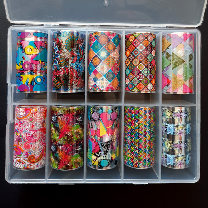 10 gorgeous nail foils with colourful funky designs, in a handy storage case.