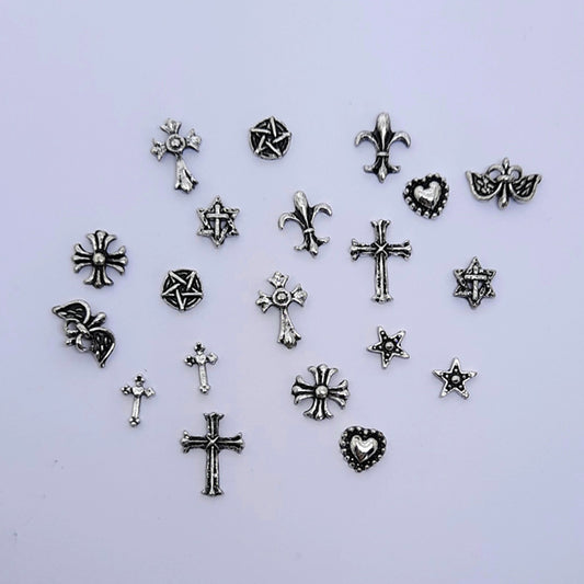 Dark Silver Goth Nail Charm Set x 20, 10 different designs in the set, 2 charms of each design. These are stunning.
