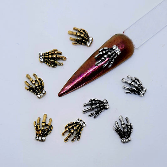 Halloween Skeleton Hands, Gold or Silver, x 4. These are fabulous nail charms, lovely and chunky with some sparkly gems added.
