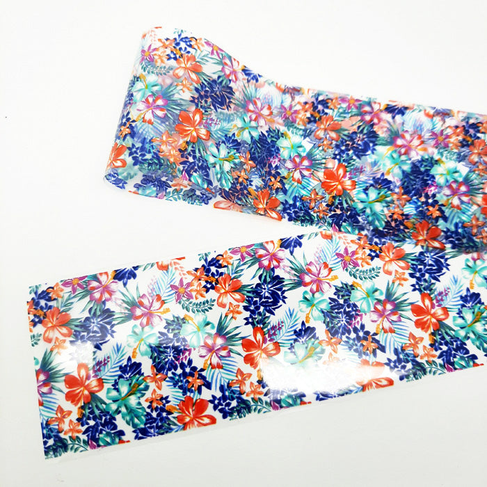 Colourful floral-patterned nail art foil on a white background