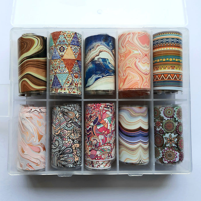 10 nail foils in a handy storage case, with gorgeous designs