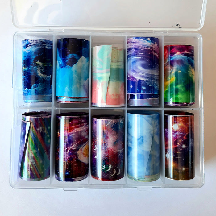 Beautiful galaxy foils in a handy storage case.