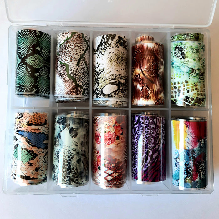 A set of 10 beautiful snakesin nail foils in a case