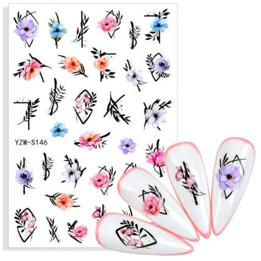 Pastel Flowers + Black Leaves Nail Stickers