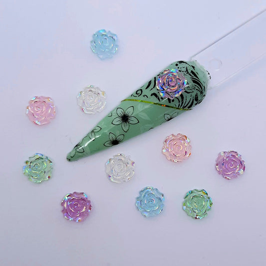 Pastel Aurora Roses Nail Charms x 10. Beautiful shimmering 3d roses in a mix of colours. Flat backed.