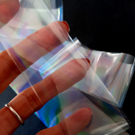 Pearlescent White Nail Transfer Foil. A beautiful sheer foil with a shimmering finish to add a touch of glamour to your nail designs.

Supplied in 4cm x 100cm lengths.