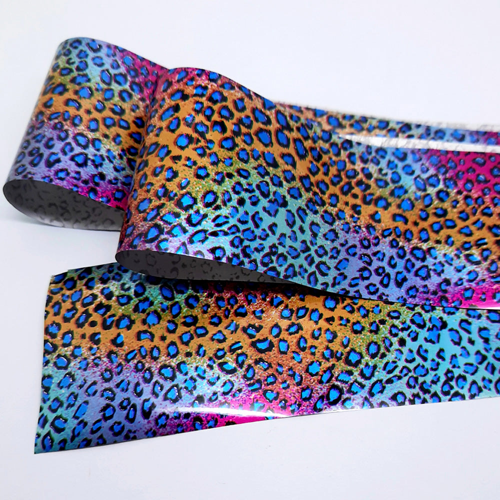 Colourful leopard print nail art foil on a white background