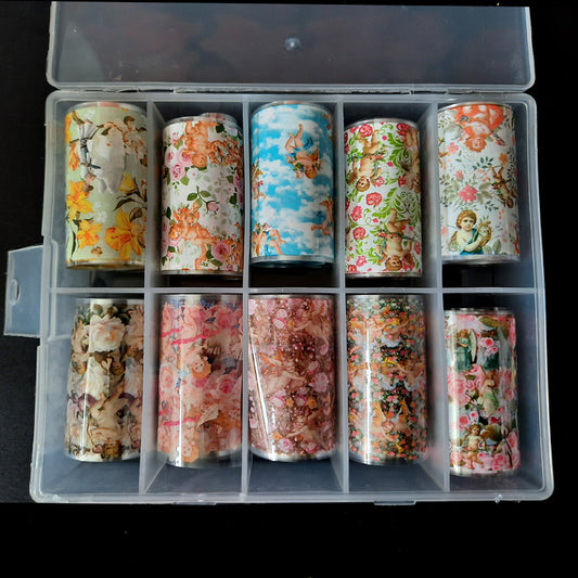 10 x beautiful nail foils with designs of cupids, cherubs, roses, clouds and angels. All in a handy storage case.