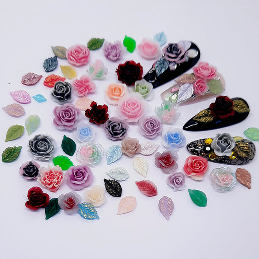 Beautiful delicate 3d roses and leaves in this 60 piece set of nail art decoration.