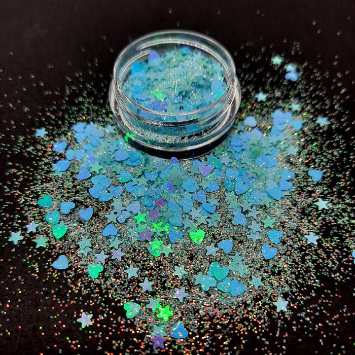 Stars + Hearts Glitter, Blue. Beautiful blue sparkly nail glitter with added hearts and stars.