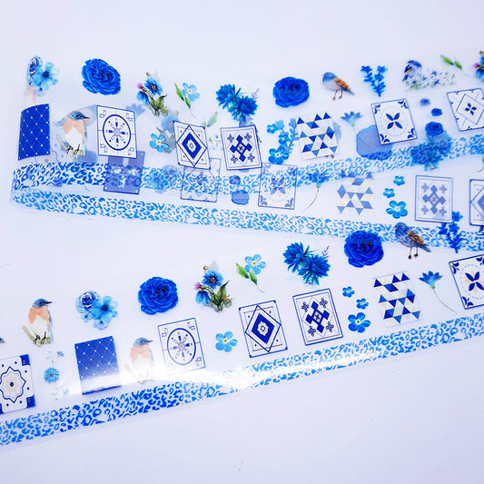 Nail foil with blue floral and geometric designs on a white background